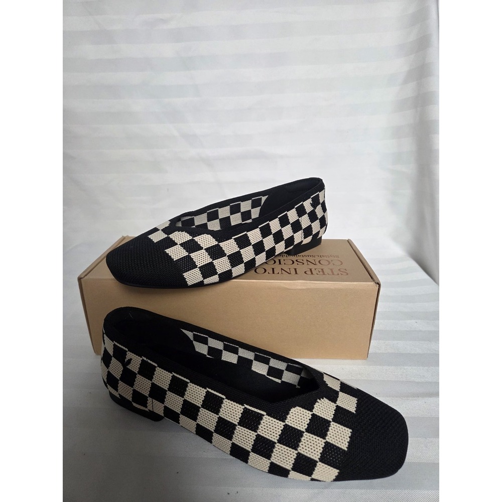 Vivaia Margot 2.0 Checkerboard Square Toe Knit Flats Black Cream US 7 EU 37.5 W - Picture 9 of 16